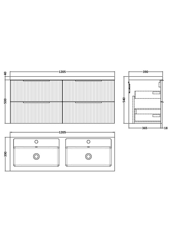 Hudson Reed Fluted 1205mm Wall Mounted Double Bathroom Vanity with
